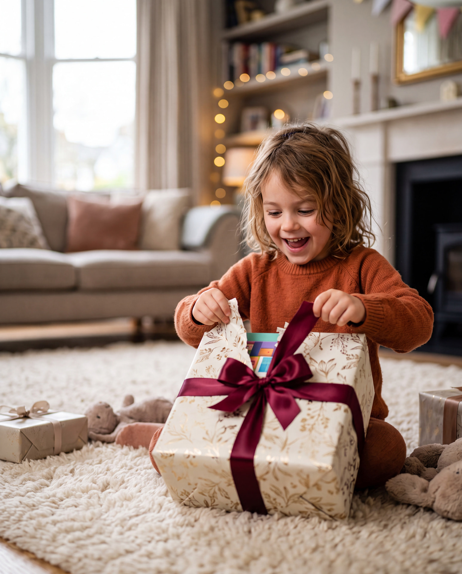Enfant ouvrant un cadeau du Royaume de Brindille